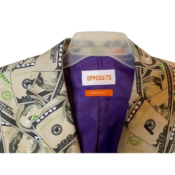 OppoSuits Mens Cash Money $100 Bill Novelty Suit Set Blazer Slacks Size 40 34x33